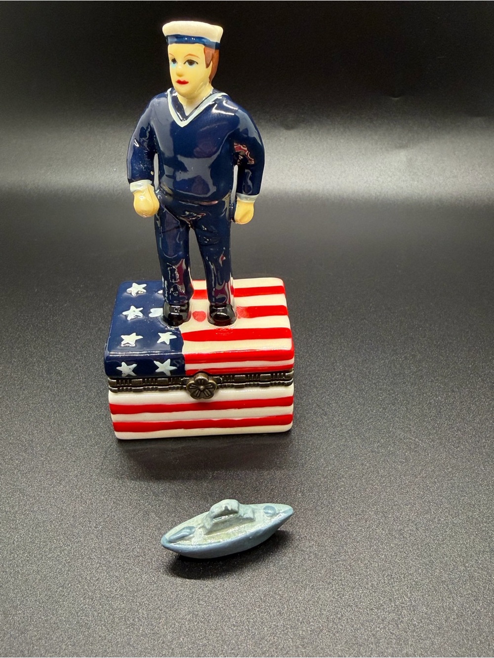 Rare Navy Sailor Porcelain Hinged Trinket Box With Ship Trinket